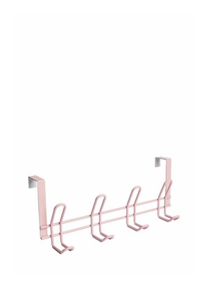Metalen kapstok voor boven de deur met vier roze haken om items zoals jassen of handdoeken aan op te hangen.