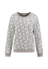 Sweatshirt grigio con un motivo di alfabeti testurizzati in bianco, collo rotondo e orlo e polsini a righe beige e blu navy.