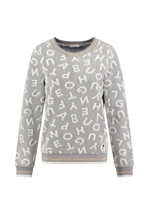 Grauer Sweatshirt mit einem strukturierten Alphabetmuster in Weiß, rundem Ausschnitt und gestreiftem Saum sowie Bündchen in Beige und Marineblau.