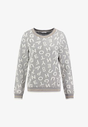 Szara bluza z teksturowanym wzorem alfabetu w kolorze białym, z okrągłym dekoltem oraz paskowanym dołem i mankietami w beżowym i granatowym kolorze.