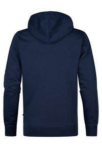 Felpa blu navy con maniche lunghe e cappuccio regolabile con lacci. Tessuto liscio, polsini e orlo a coste, e un'etichetta con il logo sul lato inferiore.