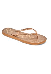 Gold glitter flip-flop with a textured footbed and Roxy logo. Thin bands with a flat sole, featuring a light tan color and no additional embellishments.