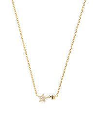 Collana d'oro con una catena e due pendenti a stella, uno decorato con pietre chiare e brillanti e l'altro una stella liscia e solida.