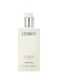 Lotion do ciała Calvin Klein Eternity w kremowej, prostokątnej butelce z pompką i srebrnymi akcentami, 6,7 fl oz (200 ml).