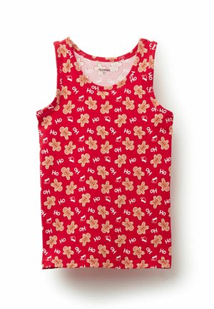 Rode tanktop van katoenen stof met een herhalend patroon van peperkoekmannetjes met feestelijke accenten en de tekst "Ho." Ronde halslijn, mouwloos.