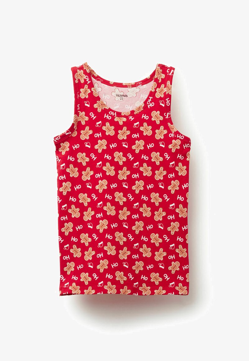 Rode tanktop van katoenen stof met een herhalend patroon van peperkoekmannetjes met feestelijke accenten en de tekst "Ho." Ronde halslijn, mouwloos.