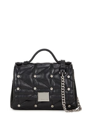 Black quilted handbag featuring a shiny texture, metallic accents, a chain strap, and diamond-shaped stitching with circular embellishments.