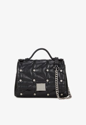 Black quilted handbag featuring a shiny texture, metallic accents, a chain strap, and diamond-shaped stitching with circular embellishments.