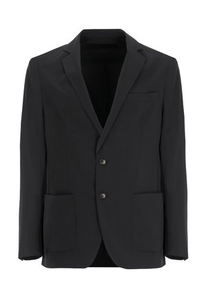 Blazer nero da uomo con due bottoni, rever a lancia e tre tasche, tra cui una tasca al petto e due tasche inferiori applicate.