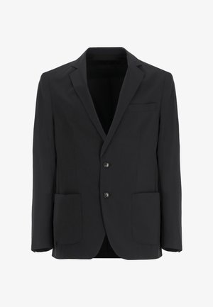 Blazer noir pour homme avec deux boutons, col cranté et trois poches, dont une poche poitrine et deux poches plaquées inférieures.