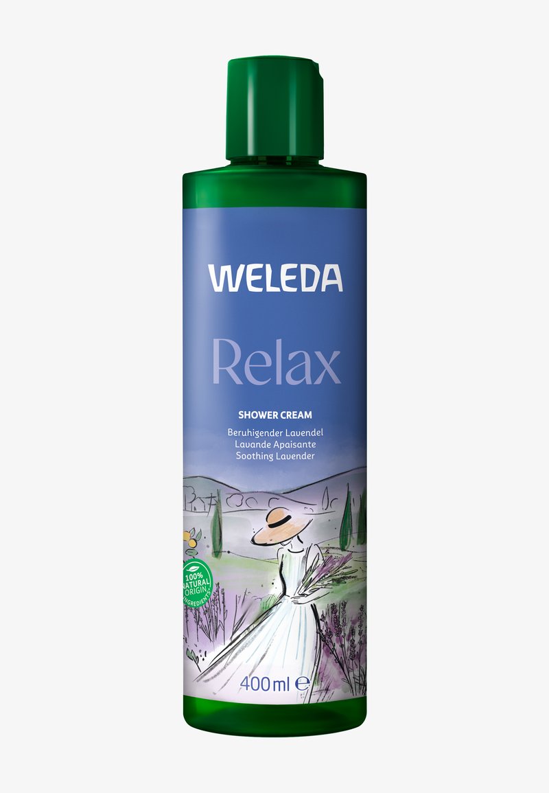 Grüne Plastikflasche mit Weleda Relax Duschcreme, ausgestattet mit einem blauen Etikett, das eine Frauenillustration und Text zeigt, Größe 400 ml, 100% natürliche Inhaltsstoffe.