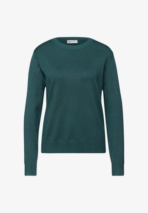 Dzianinowy sweter w kolorze morskim z długimi rękawami, okrągłym dekoltem oraz ściągaczami na mankietach i dole. Gładka faktura, jednolity kolor, bez wzorów i zdobień.