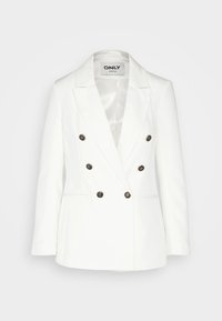 Blazer bianco doppiopetto con rever a picco, due tasche laterali e bottoni decorativi scuri. Tessuto liscio con una vestibilità su misura.
