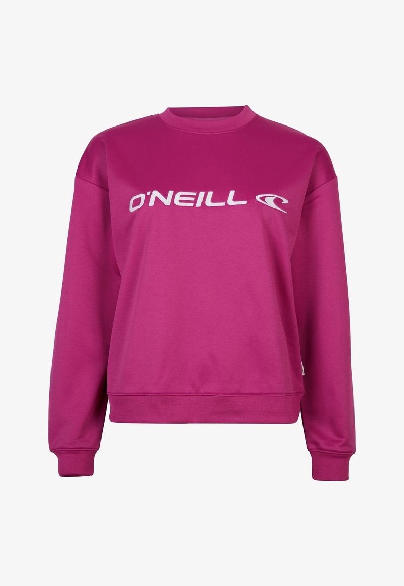 Sweatshirt O'Neill rose avec col rond, manches longues, poignets et ourlet côtelés, portant un marquage blanc audacieux sur la poitrine. Texture lisse.