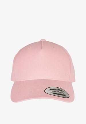Light pink snapback cap with a structured design, smooth texture, and a flat brim. Features an adjustable back and a branded tag.