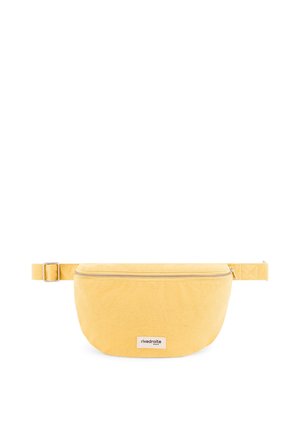 Sac banane en cuir jaune avec fermeture éclair, bandoulière réglable et petite étiquette logo Rivedroite Paris sur le devant.