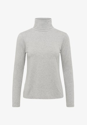 Haut en col roulé gris clair en tissu doux, avec des manches longues et une coupe ajustée, dotée d'un col roulé. Texture lisse, sans motifs.
