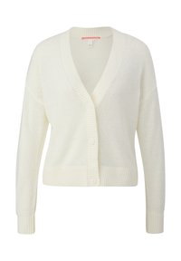 Vit, kort cardigan i mjukt stickat material. Har en V-ringning, ribbat krage och muddar, samt fem knappar fram. Strukturerad yta.