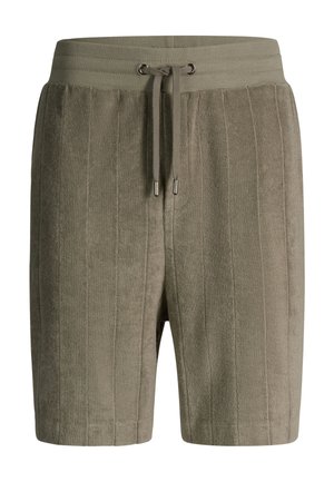 Olivegrüne Herren-Shorts aus Frottee mit vertikalen Nähten und einem gerippten Bund mit Kordelzug und Metallösen.