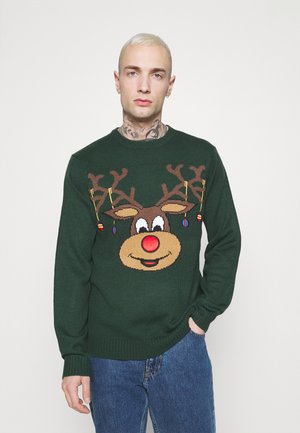 Green knit sweater featuring a reindeer design with antlers, a red nose, and colorful ornaments. Ribbed cuffs and hem complete the look.