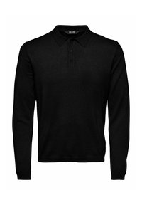 Schwarzes Langarm-Polohemd aus glattem Stoff. Verfügt über einen Kragen und eine Knopfleiste mit drei Knöpfen. Einfaches Design ohne sichtbare Muster oder Akzente.