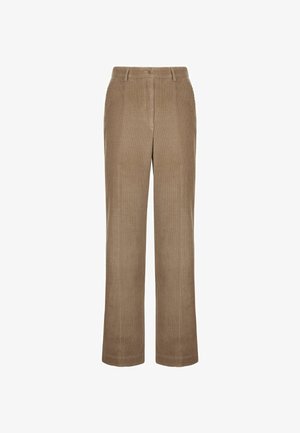 Bruna kordfluga byxor med vertikal ribbad textur, rak bendesign, knäppning i midjan och inga synliga fickor.