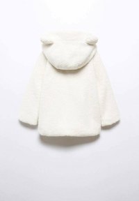 Vit fleecetröja med mjuk textur, en huva med små öron och långa ärmar. Enkel och rundad design utan prydnader.