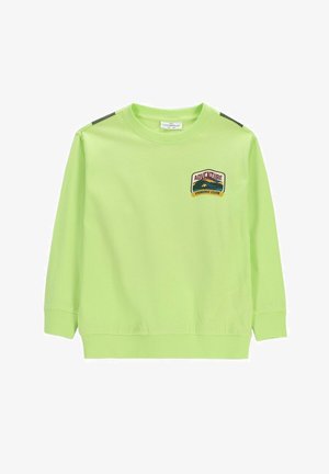 Jasnozielona bluza z długim rękawem z prążkowanymi mankietami i dołem, z małą naszywką "Adventure Fishing Club" na lewej piersi.