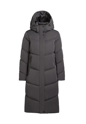 Lange, gebreide pufferjas in donkergrijs. Heeft een gestikt ontwerp met horizontale lijnen, knopen aan de voorkant en zijzakken.