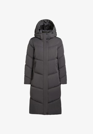 Lange, gebreide pufferjas in donkergrijs. Heeft een gestikt ontwerp met horizontale lijnen, knopen aan de voorkant en zijzakken.