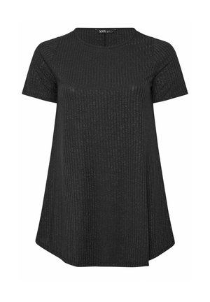 Czarny krótki sweter z delikatną pionową fakturą prążków i okrągłym dekoltem, lekko rozszerzający się na dole.