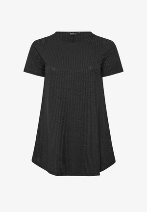 Schwarzes gestricktes Kurzarmoberteil mit dezenter vertikaler Rippenstruktur und rundem Ausschnitt, das am Saum leicht ausgestellt ist.