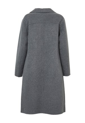 Long manteau en laine gris avec un design simple à l'arrière, coupe droite et manches longues, présenté de dos sur un fond blanc.