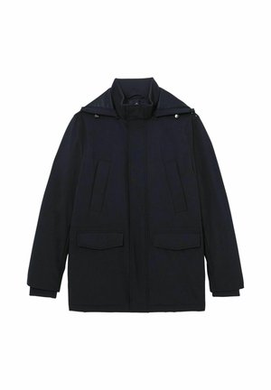 Mørkeblå vinterjakke med høj krave, to frontklaplommer, to lodrette sidelommer og lange ærmer.