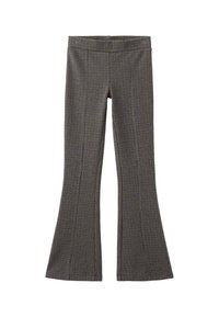 Pantalons évasés à carreaux marron et noir avec une texture lisse, dotés d'une taille ajustée et de détails de couture sur les jambes.