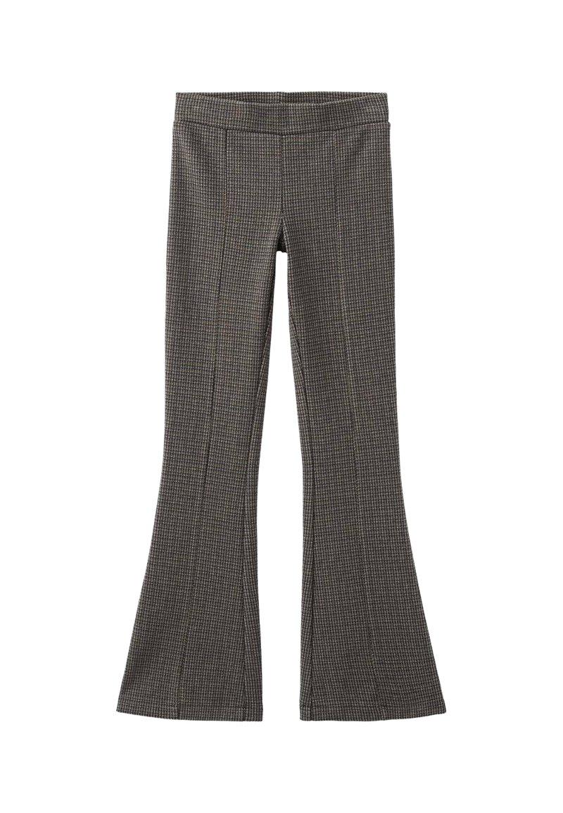 Pantalons évasés à carreaux marron et noir avec une texture lisse, dotés d'une taille ajustée et de détails de couture sur les jambes.