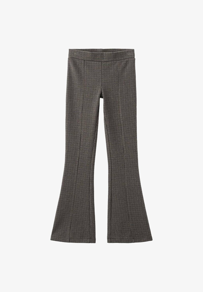 Pantalons évasés à carreaux marron et noir avec une texture lisse, dotés d'une taille ajustée et de détails de couture sur les jambes.