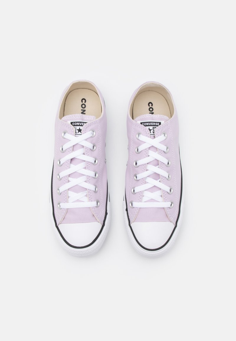 Zapatillas bajas de lona moradas con cordones blancos y suelas de goma negras. Presentan una puntera blanca y el icónico logo de estrella en el costado.