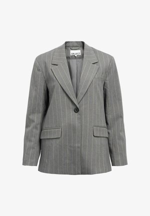 Blazer gris à rayures, avec revers crantés, fermeture à un bouton noir unique et deux poches à rabat à l'avant.