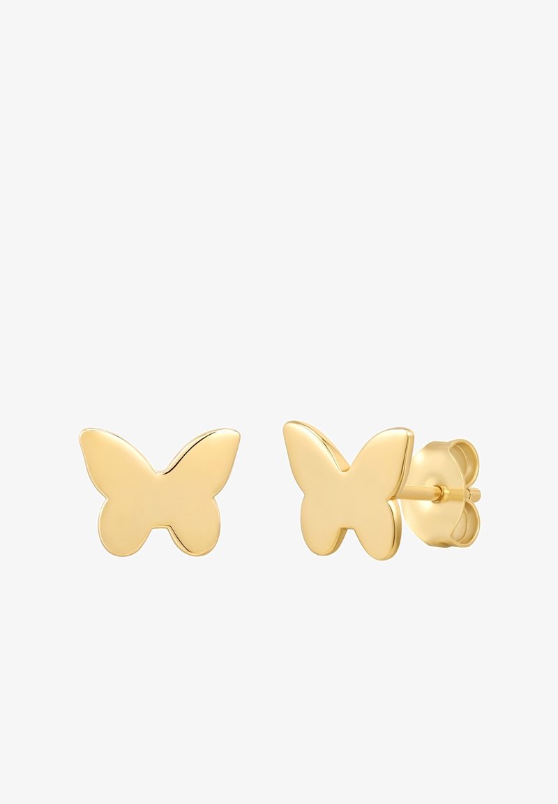 Zelta tauriņu stud auskari ar spīdīgu apdari. Ievēroti izliekti spārni un vienkārša tauriņa aizmugure drošai piepielešanai.