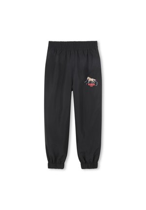 Zwarte joggerbroek met elastische taille en enkels, met een klein beige paard en rood Kenzo Paris-logo op de voorkant van de rechterdij.