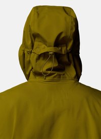 Back of an olive green waterproof hooded jacket with an adjustable drawstring on the hood against a plain background.