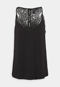 Top senza maniche nero con un design in pizzo sul collo e sul retro, dotato di un taglio a V e una texture di tessuto morbido.