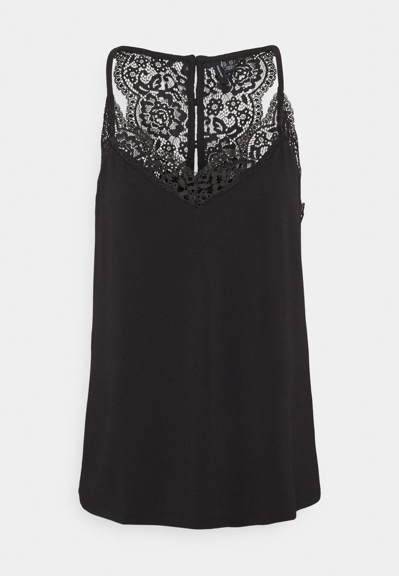 Top senza maniche nero con un design in pizzo sul collo e sul retro, dotato di un taglio a V e una texture di tessuto morbido.
