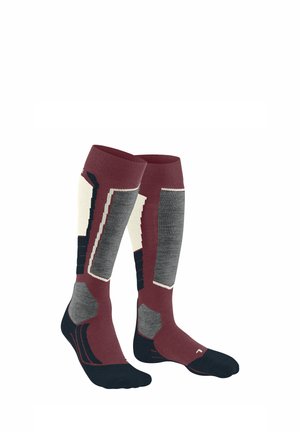 Kniesokken met een bordeauxrood, crème en grijs kleurenschema, voorzien van geometrische patronen en textuurvariaties voor comfort en ondersteuning.