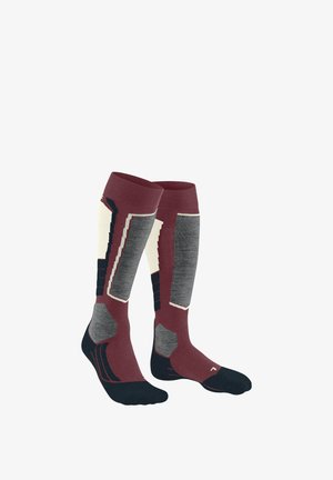 Kniesokken met een bordeauxrood, crème en grijs kleurenschema, voorzien van geometrische patronen en textuurvariaties voor comfort en ondersteuning.