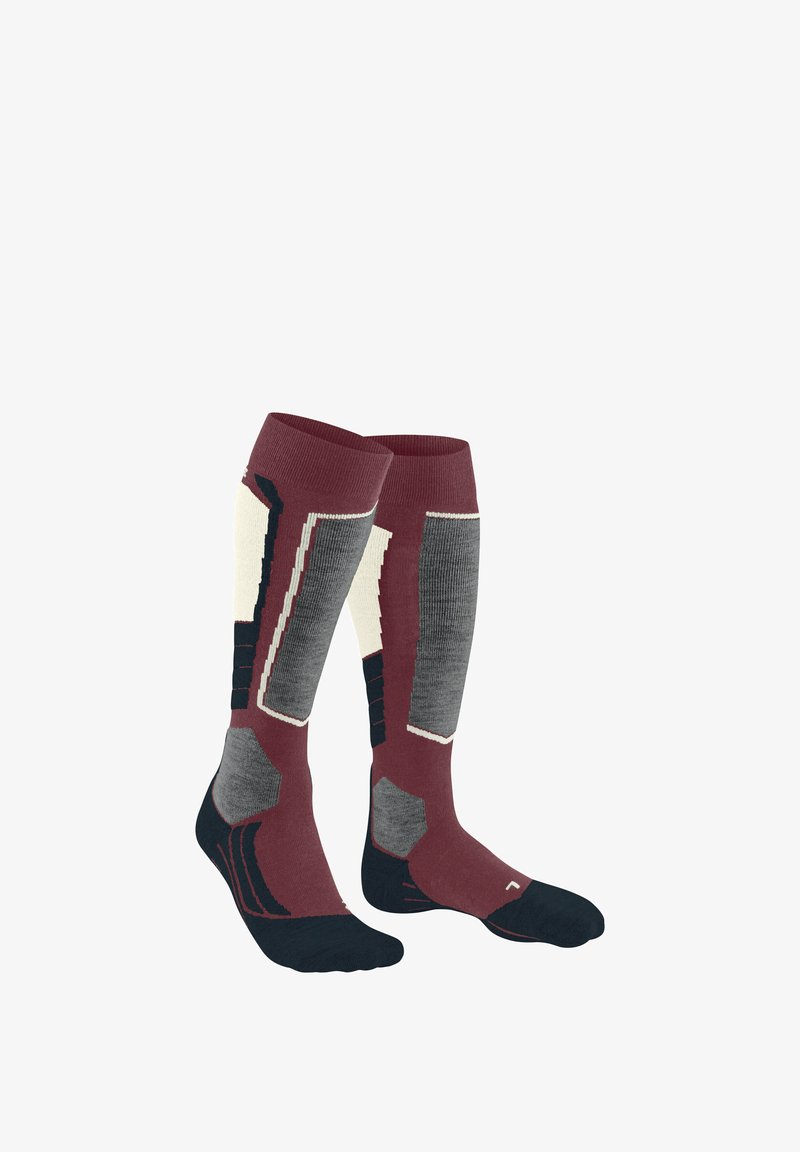 Calze al ginocchio caratterizzate da una combinazione di colori bordeaux, crema e grigio con motivi geometrici e variazioni di texture per comfort e supporto.