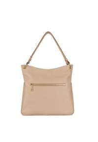 Beige lederen handtas met een gladde textuur, voorzien van een enkele schouderriem en een gouden ritsvak aan de voorkant.