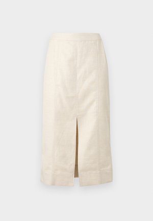 Beige midiskjørt med frontsplitt midt foran, rett passform og synlige vertikale sømdetaljer på lett stoff.