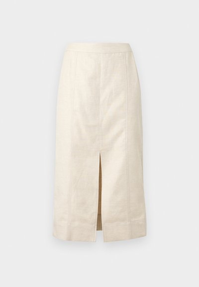 Μπεζ midi φούστα με κεντρικό άνοιγμα μπροστά, ίσια εφαρμογή και ορατές κάθετες ραφές σε ελαφρύ ύφασμα.